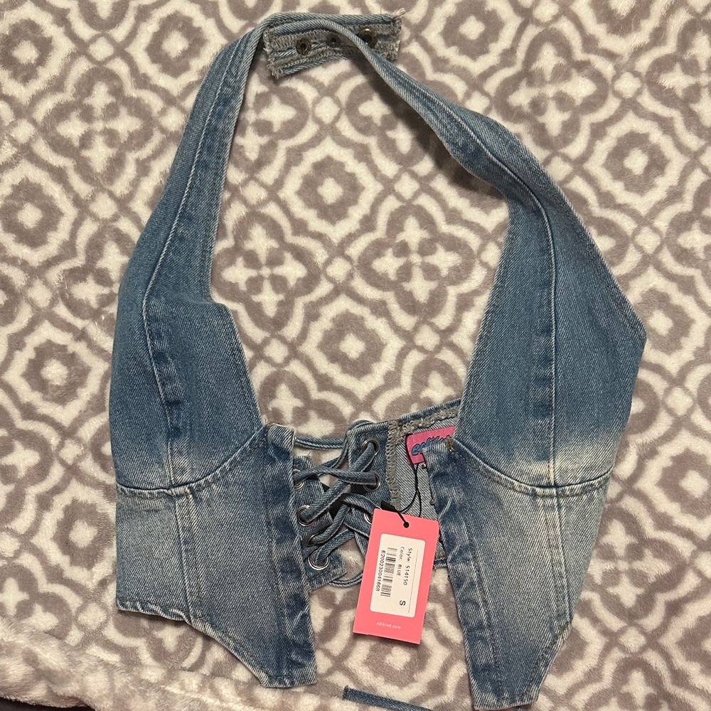 Edikted Blue Denim Lace-Up Halter Top